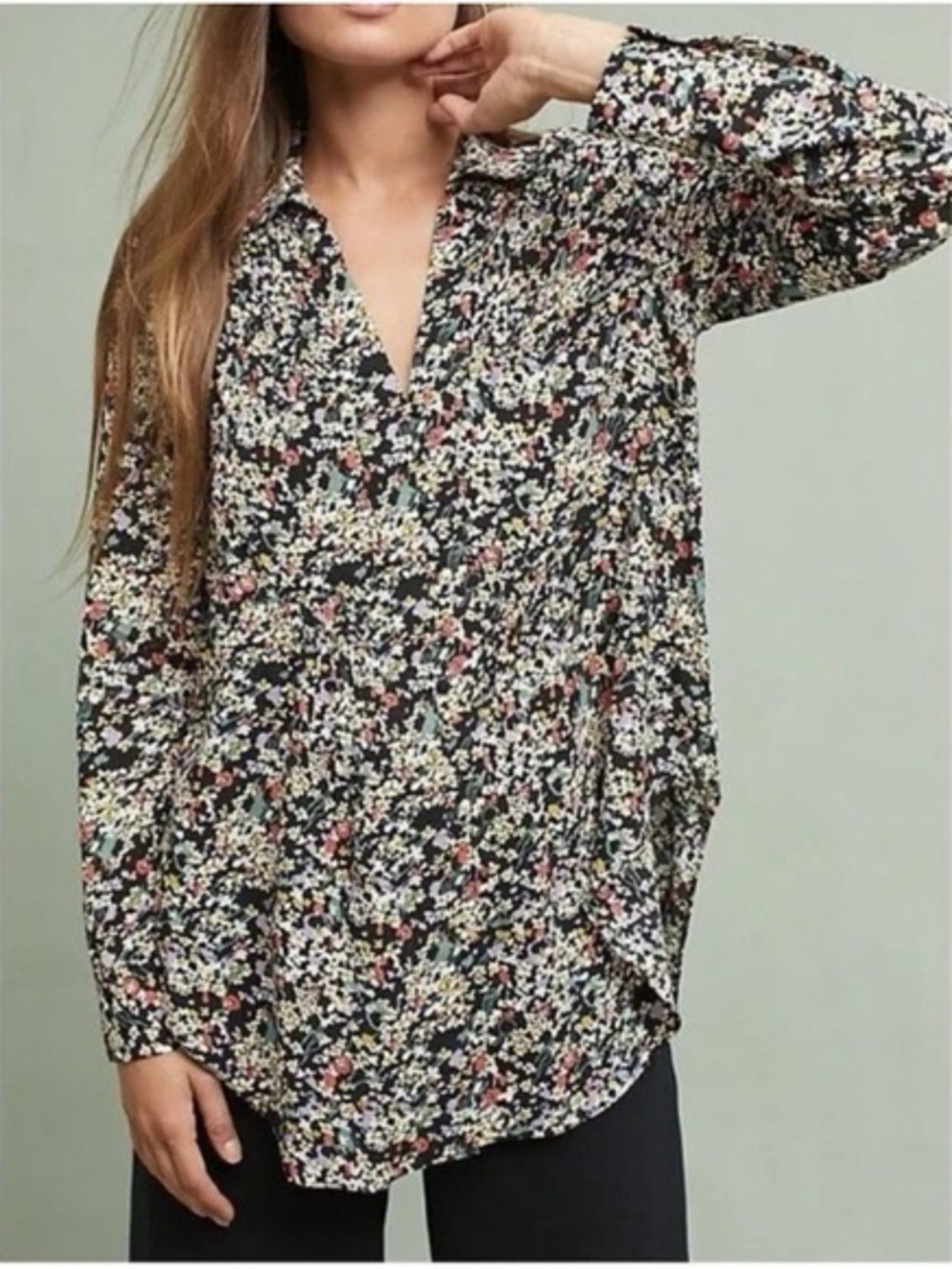 Anthropologie Black Floral Long-Sleeve V-Neck Blouse
